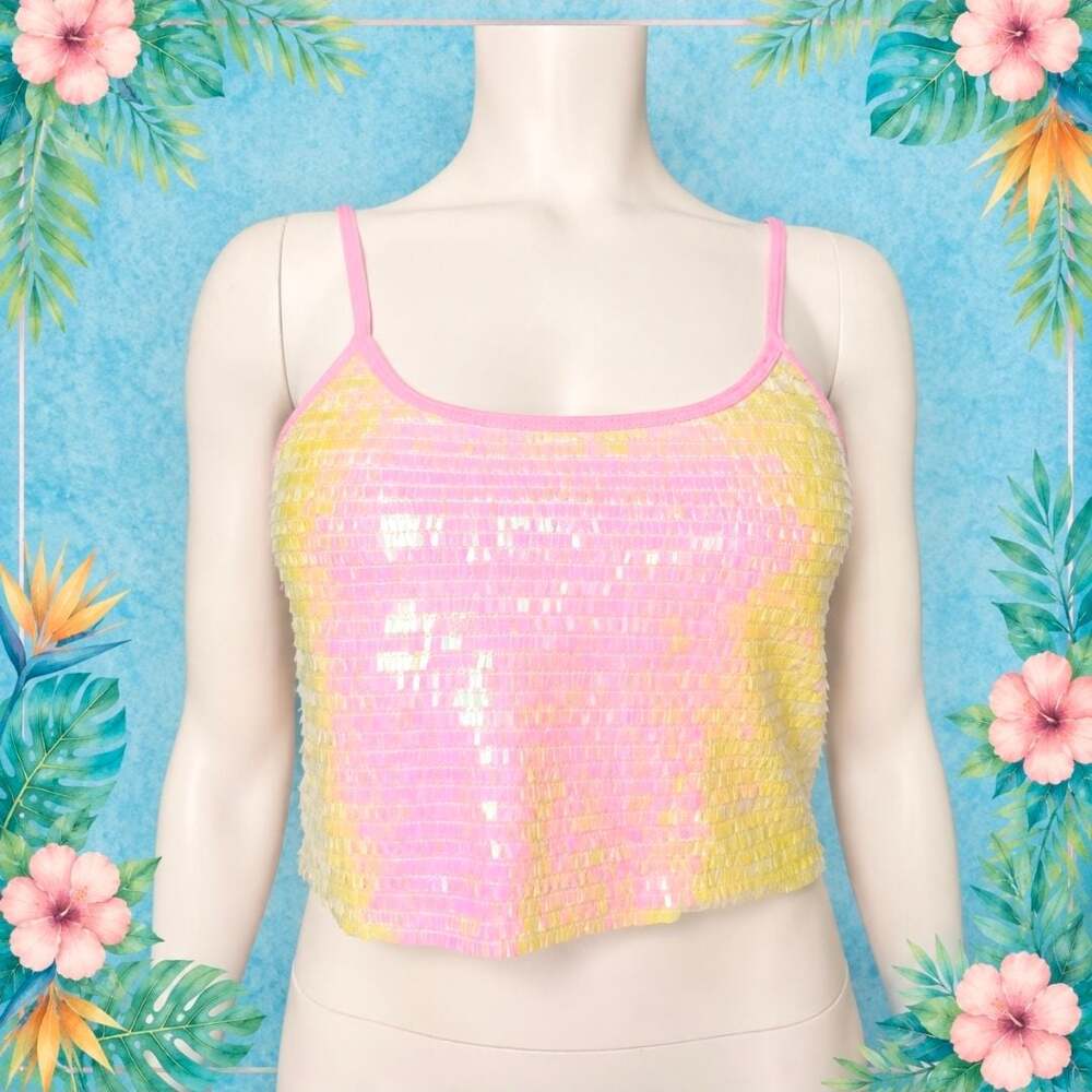 Julia by Love J Pink and Yellow Iridescent Sequin Crop Top Spaghetti Strap Size